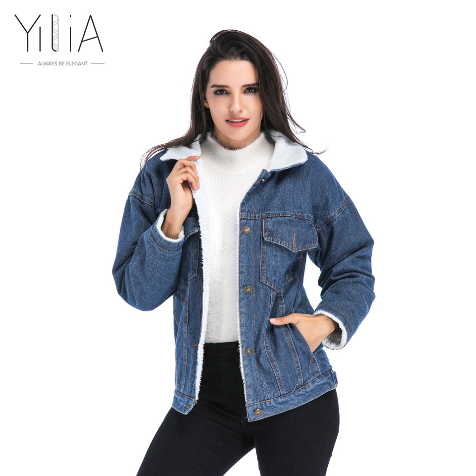 Yilia Women Basic Coats Autumn Winter Women Denim Jacket 2017 Vintage Long Sleeve Loose Female Jeans Coat Casual Girls Outwear q171125