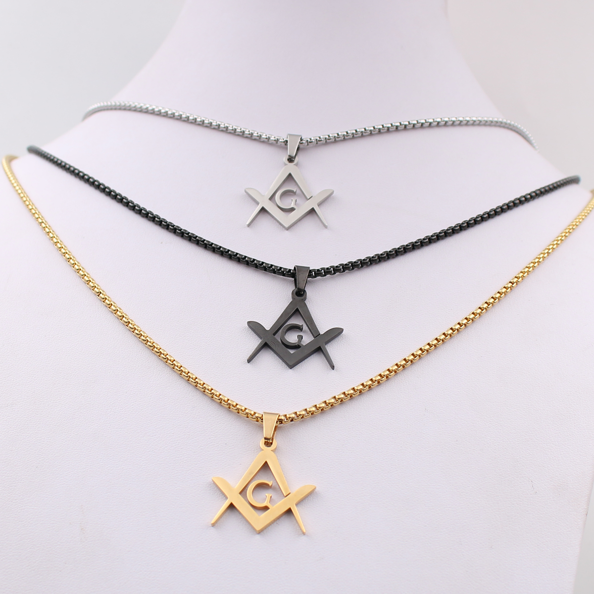 

3 color choose Fashion Punk Hip-Hop Style stainless steel Masonic symbols pendant necklace Silver gold black 3mm 24 inch box chain for Mens