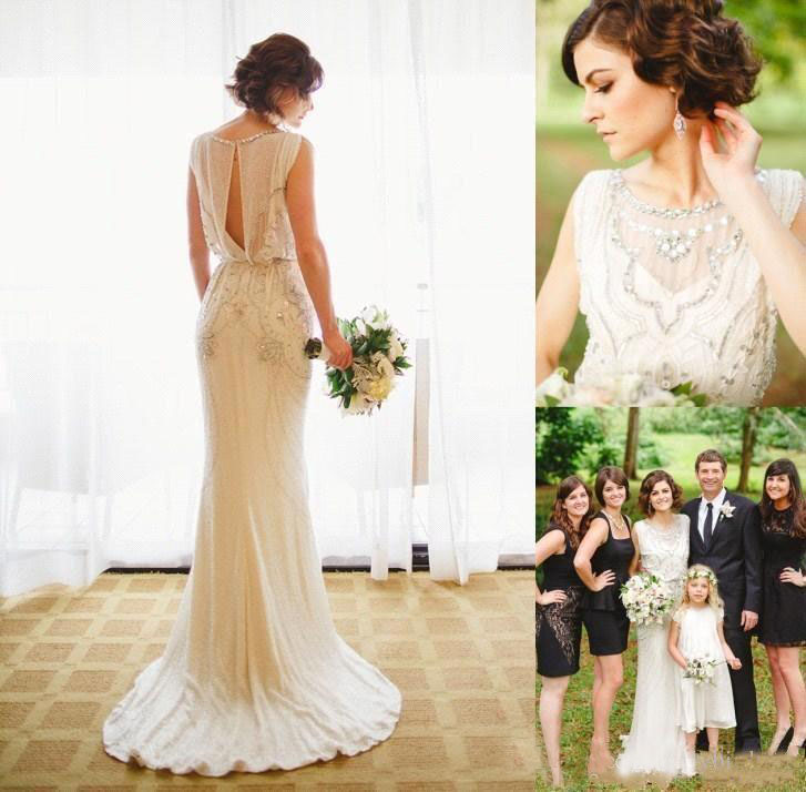 

2017 Luxury Beads Sheath Wedding Dresses Jenny Packham Garden Scoop Neck Sparkly Sequined Lace Bridal Party Wear Custom Gown, Champagne