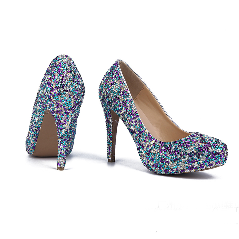 

New Closed Toe Platform Wedding Party Shoes Free Shipping Women Shoes Sapatos Femininos Mixcolor Crystal Lady Prom Pumps, Multicolor