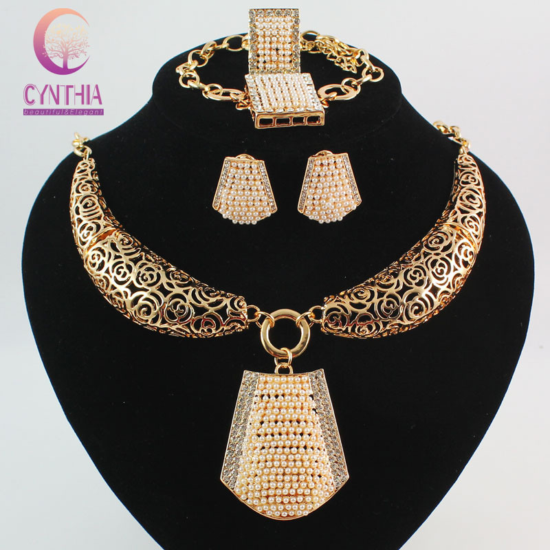 Mode Africaine De Mariée Costume De Mariage Ensembles De Bijoux Pour Les Femmes 18K Plaqué Or Cristal Perle Collier Bracelet Boucle D'oreille Ann