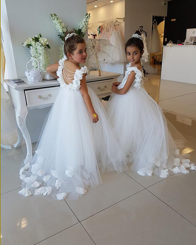 

ivory Stunning Flower Girls Dresses with Pearls Floor Length girls Party Dresses Hand Made Flowers New Arrival, White