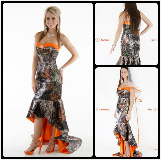 

2020 Striking Mermaid Camo Wedding Dresses Sweetheart Sleeveless Orange Camoflauge Wedding Dress Hi Lo Trian Bridal Gowns, Green camo