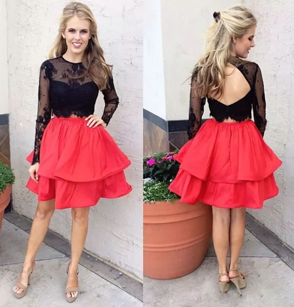 

2019 Jewel Neck Long Sleeve Illusion Homecoming Dresses Girls Fashion Two Pieces Black Lace Red Satin Short Skirts School Party Dresses Prom, Same as picture