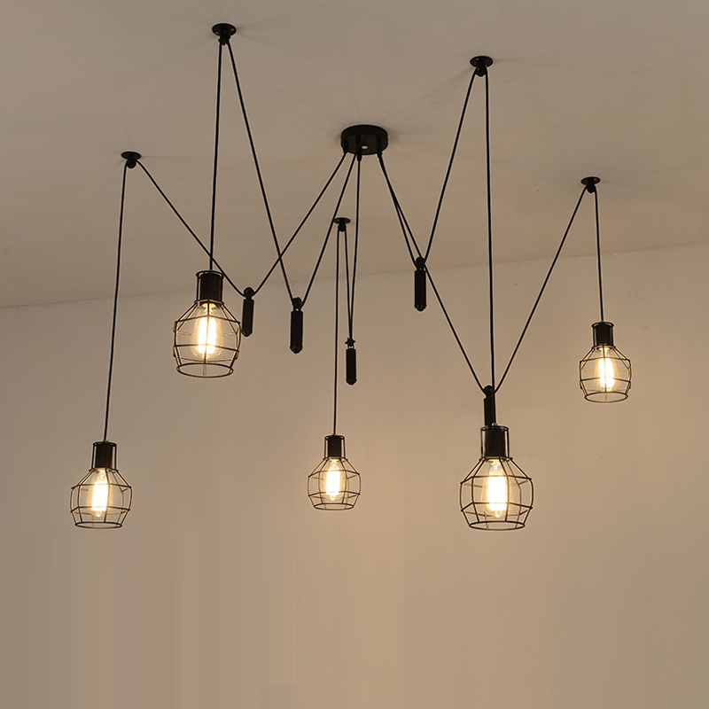 

DIY Vintage Black Cord Multiple Light Sources Simple Pendant Lamp Dining Room Coffee 1-2m Wire Spider Pendant Lights pulley rope Surface Mounted