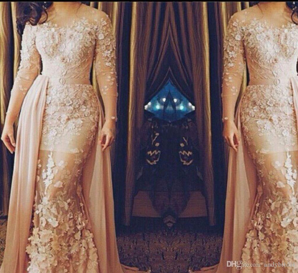 

Elie Saab 2016 Lace Evening Dresses Plus Size with Illusion Long Sleeves Sheer Crew Neckline Evening Gowns Long Red Carpet Prom Dresses, Fuchsia