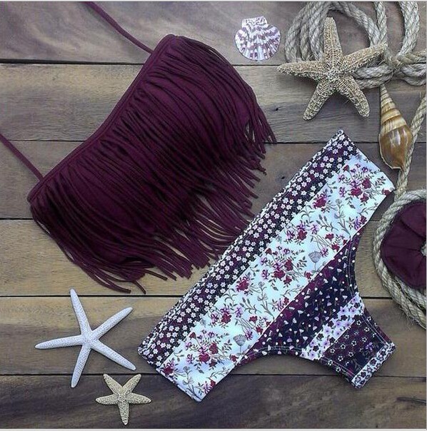 Hot Women's Fringe Bikini Swimwear Solid Fringe Top Strap Halter Padded Girl Lady Swimming Swimsuit bathing Suit Top & Bottom