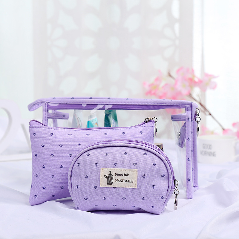 

50sets 2017 Women 6colors crown Decoration Cosmetic Bags Travel 3pcs set zipper pvc bags Fashion Storage pocket, Purple