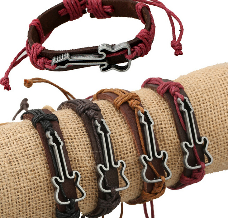

Genuine Leather Bracelets Hollow Guitar Charm Bracelet for Women Men Friendship Bracelets 2016 Fine Jewelry Christmas Gift HJIA005, Golden;silver