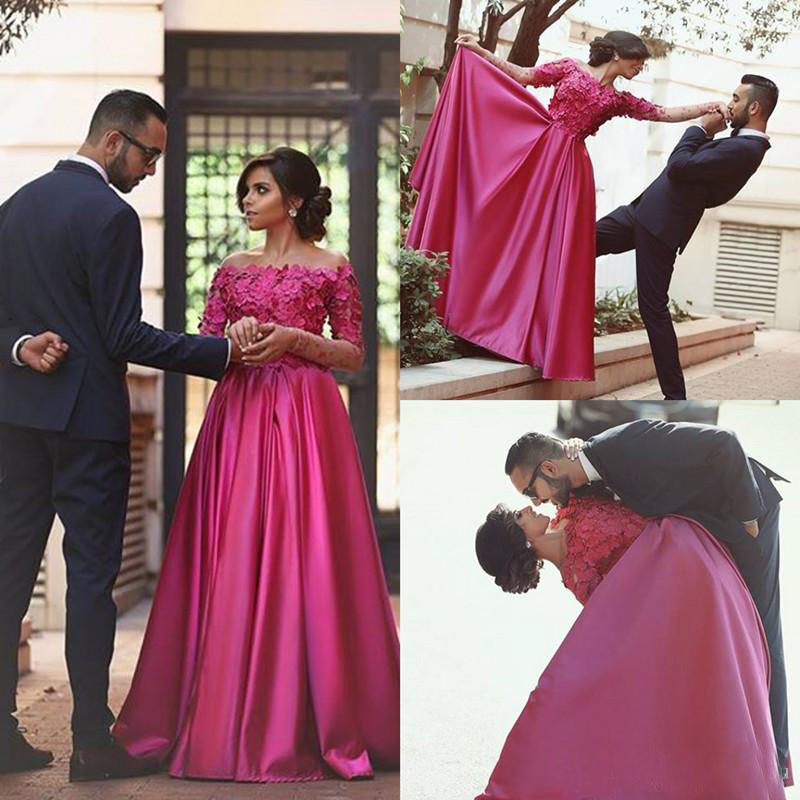 

Fantasy Hot Pink Arabic Prom Dresses Off The Shoulder Long Sleeves Gorgeous 3D Floral Appliqes Bodice A Line Free Prom Gowns Evening Dress, Ivory