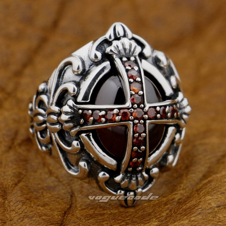 

Goth Big Red CZ Stone Cross Ring 925 Sterling Silver Gothic Punk Rock Mens 9D005