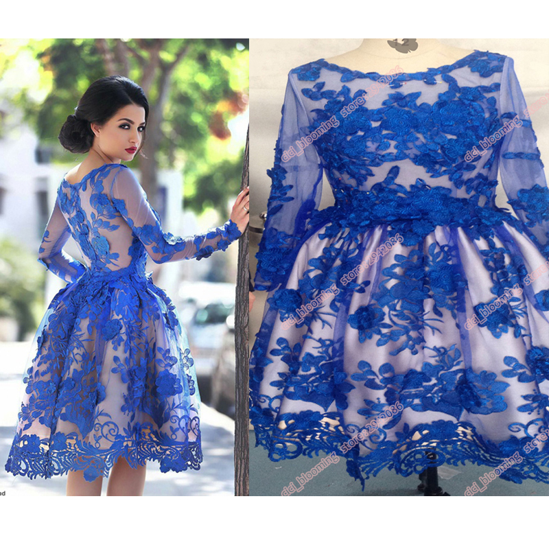 

In Stock Royal Blue Prom Dresses Long Sleeves Knee-length 3D Floral Appliques Formal Arab Dresses, Same as image