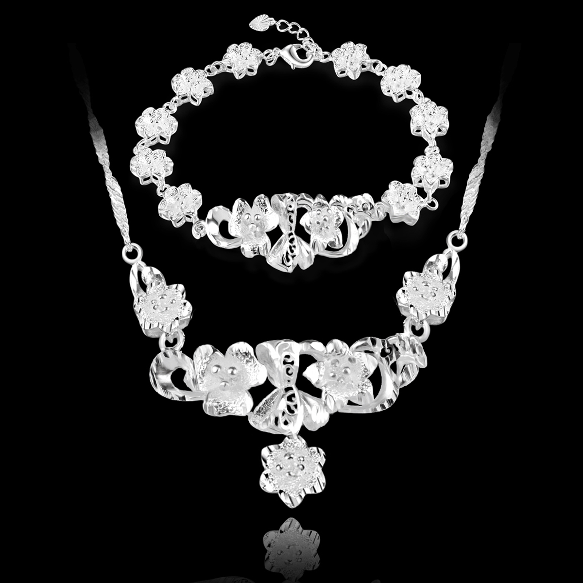 Livraison gratuite avec numéro de suivi Hot Top Sale 925 Silver Set Big and Small Rose Bracelet Collier ensemble Bijoux en argent 10set / lot pas