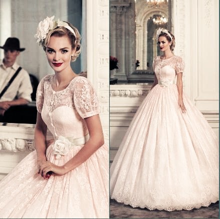 

Vintage Lace Short Sleeve Wedding Dresses Cap Sleeve handmade Flower A Line Floor Length Bridal Dresses Gowns Vestidos De Noiva, Custom made color