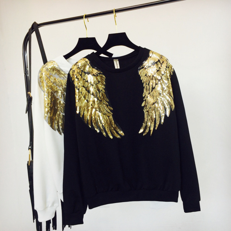Nouveau style mode ailes d'ange broderie paillettes sweat à manches longues pull pull à capuche hauts chemisier manteau sweat mode femme