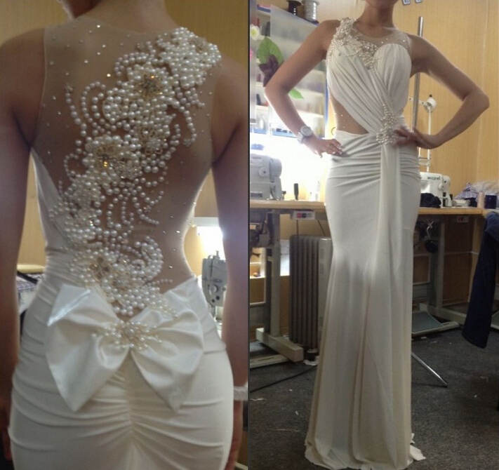 

Custom Made Chiffon Ruched White Pageant Dress with Pearls Sheer Evening Gown Sexy Vestidos De Gala Longo, Orange