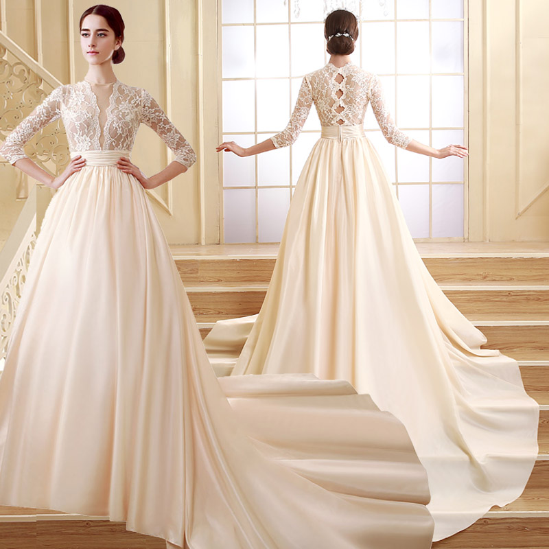 

ZCL02 Cheap Illusion Bodice Lace 3/4 Long Sleeve Wedding Dresses 2019 Fall Champagne White Satin A Line Country Rustic Chic Bridal Gown, Ivory
