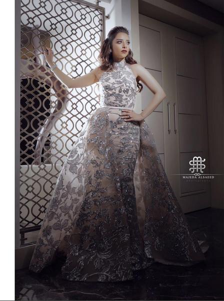 

Evening dress Yousef aljasmi Labourjoisie High Neck Off shoulder With Trail Print flower Long dress Kim kardashian Zuhair murad, Same with picture