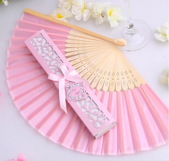 

personalized wedding favors Silk Fold hand Fan in pink white black Luxurious Elegant Laser-Cut Gift Box, Customized