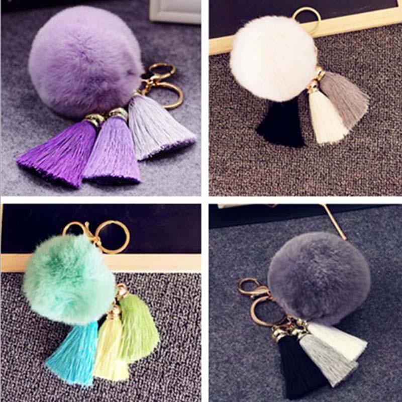 

11 Colors Popular Fringe Keychains Rabbit Fur Tassel Macrame Balls Pom poms Keychain Handbag Purse Car Pendant Ornaments Bag Key Rings