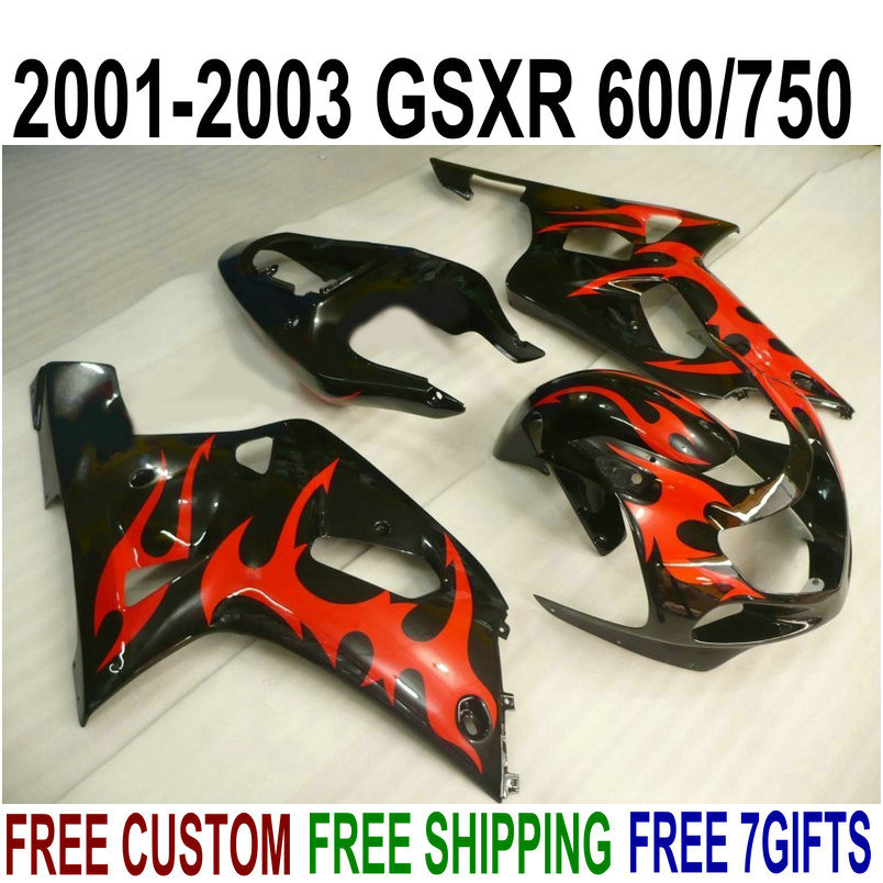 

Hot sale bodywork set for SUZUKI GSXR600 GSXR750 2001-2003 K1 fairings 01 02 03 GSX-R 600 750 red flames black fairing kit SK47, Same as the picture shows