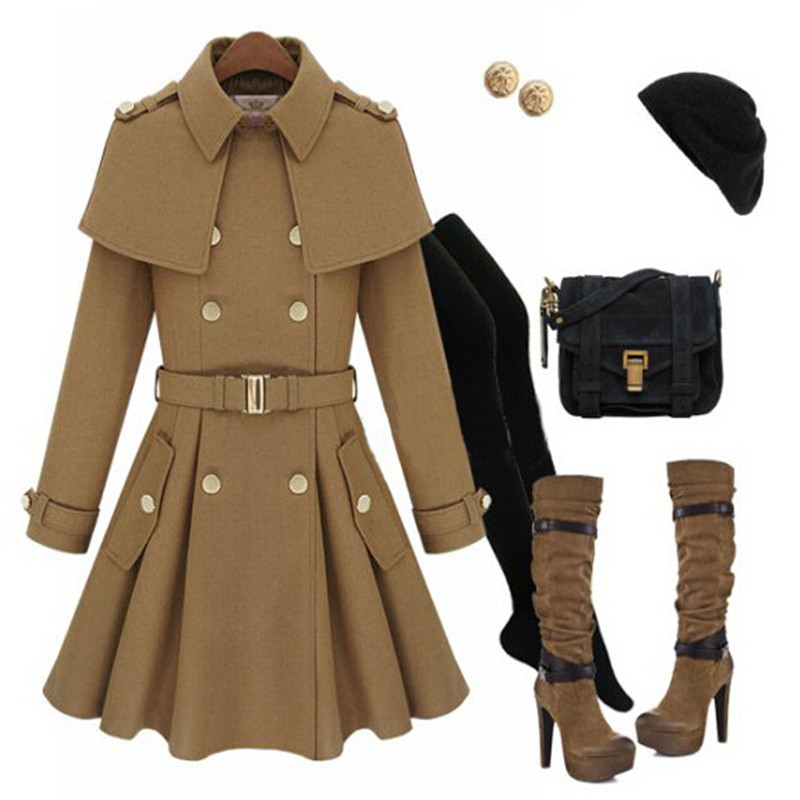 

Wholesale-2015 Fashion Women's British Style Skirt Poncho Cape Double Breasted Wool Coat Outerwear CO-167, Navy blue