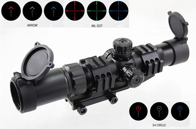 

Tactical ANS 1.5-4X30 Optical Tri-illuminated Red/Green/Blue CQB Riflescope with Locking Turrets MIL DOT or Arrow or 3/4 Circle Reticle Type