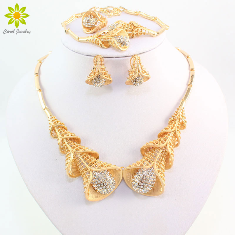 

African Beads Fine Jewelry Sets For Women Crystal Flower Pendant Necklace Bracelet Ring Earrings Sets Wedding Accessories