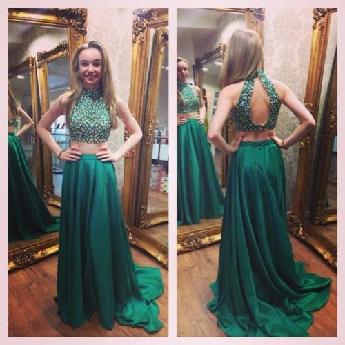 

Two Pieces Beading Long Prom Dresses High Neck A Line Sweep Train Emerald Green Beading Girl Pageant Gowns Vestidos De Festa, Brown
