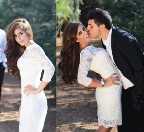 

White Sheath Short Lace Prom Dresses With Long Sleeve Arabic Dubai Middle East Robe de Soirre Formal Party Evening Gowns, Same as picture