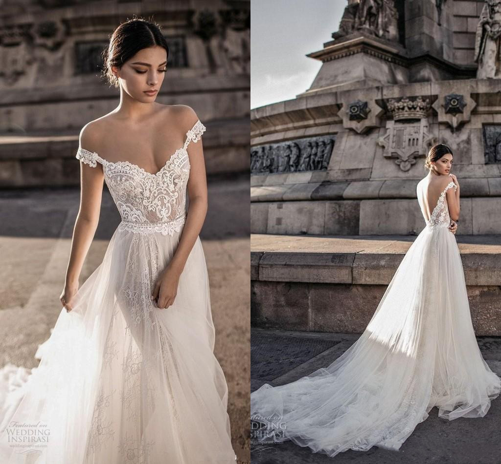 

Gali Karten Wedding Dresses Off Shoulder Full Lace Appliques Wedding Dress Illusion Backless Bohemian Bridal Gowns, Champagne