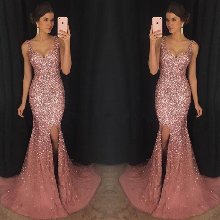 

2020 Long Prom Dresses Mermaid Sleeveless Formal Evening Dresses Side Split Mermaid Crystals Pageant Party Gowns, Daffodil