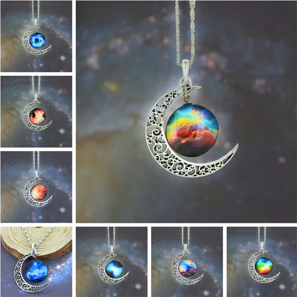 

Fashion Jewelry Choker Necklace Glass Galaxy Lovely Pendant Silver Chain Moon Necklace & Pendant