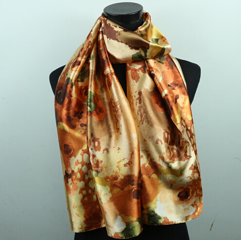 

1pcs White Flower Brown Green Leaf Scarves Women's Fashion Satin Oil Painting Long Wrap Shawl Beach Silk Scarf 160X50cm