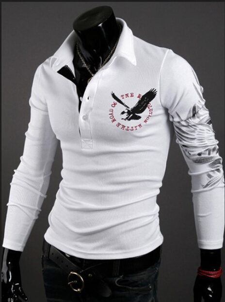 

FG1509 Men eagle tattoo printing tops cultivating long-sleeved turn-down collar POLO shirt plus size  - XXL, White