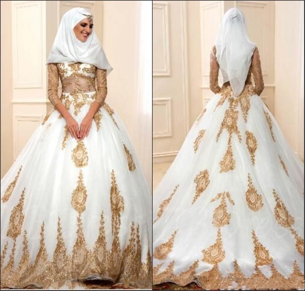 

2018 Long Sleeve Gold Appliques Arabic Islamic Muslim Ball Gowns Wedding Dresses Illusion Bodice White Vestido De Novia, Custom made from color chart