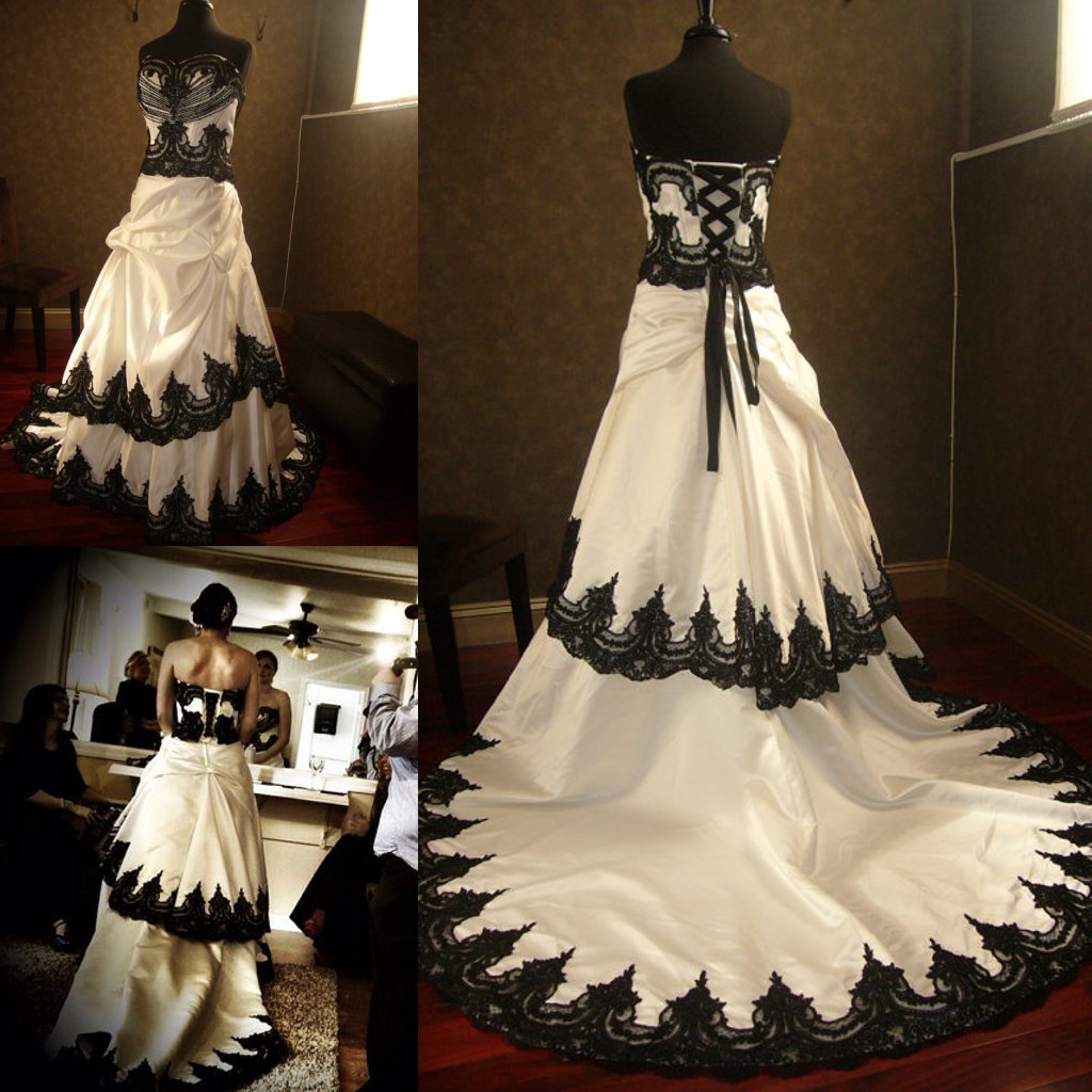 

stunning gothic black and white wedding dresses lace appliques cascading court train taffeta steampunk halloween bridal gowns, Ivory