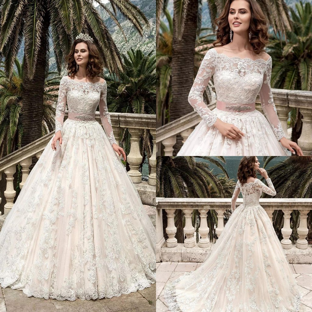

New Blush Pink A Line Wedding Dresses Off Shoulder Long Sleeves Lace Appliques Wedding Dress Sweep Train Bridal Gowns, Champagne