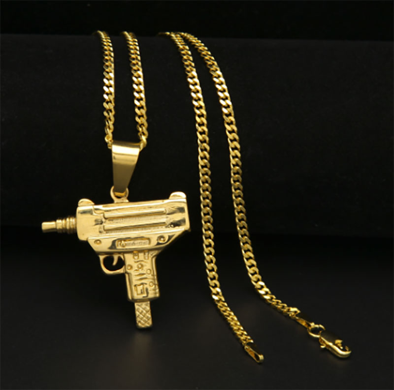 

Hip Hop Cuban Chain 14K Gold Plated CZ Fully Iced-Out Submachine Gun Stainless Steel Necklace with 3mm 24inch Cuba Link Chain Vermeil hip ho