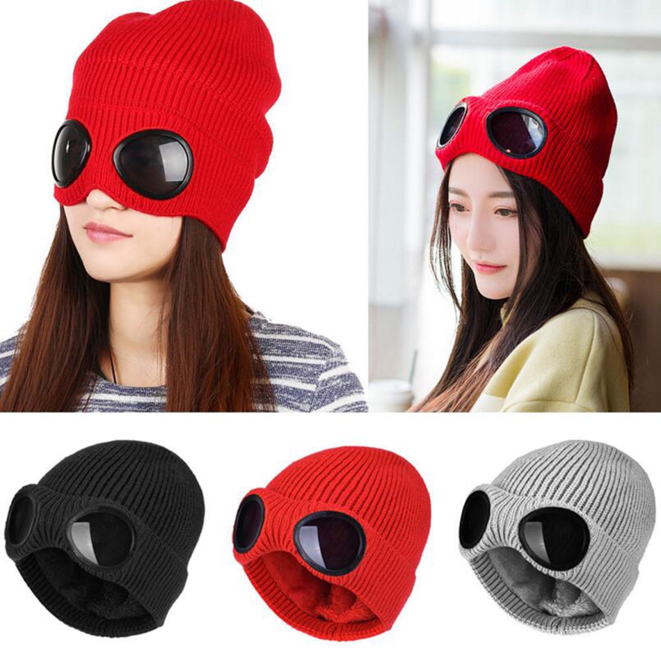 

Winter Wool Knitted Windproof Glasses Hat Women Beanies Crochet Hats Winter Gorros Ski Cap Plush Lined Glass Hats 20pcs LJJO3691, As picture