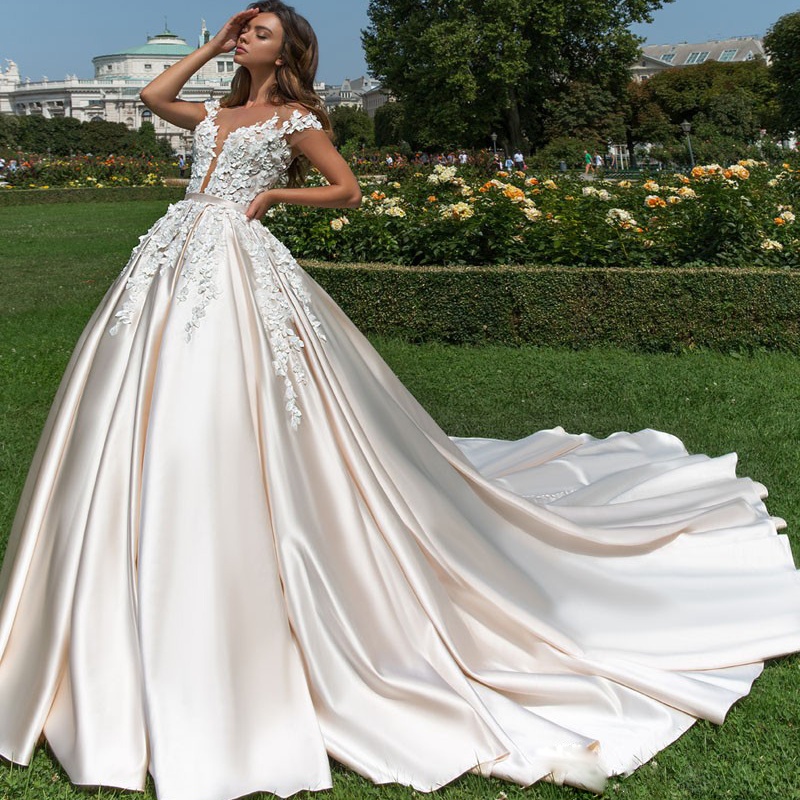 

2018 Crystal Design Satin Wedding Dresses Romantic Pale Peach Floral Applique Long Wedding Gowns Custom Made Sheer Jewel Sexy Wedding Dress, Gold