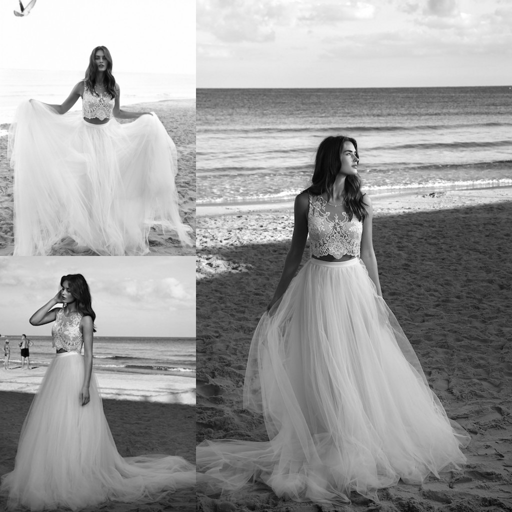 

Two pieces Beach Lace Wedding Dresses Illusion Neck Sheer Long Tutu Back Zipper Bohemia Bridal Dresses Gowns Vestido De Noiva 2016, Ivory