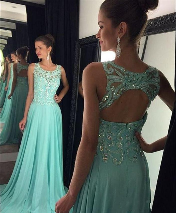 

2016 Hot New Prom Dresses Illusion Neck Lace Crystal Beads Long Party Evening Gowns Open Back Blue Chiffon Plus Size 2016 Occasion Dress, Dark navy