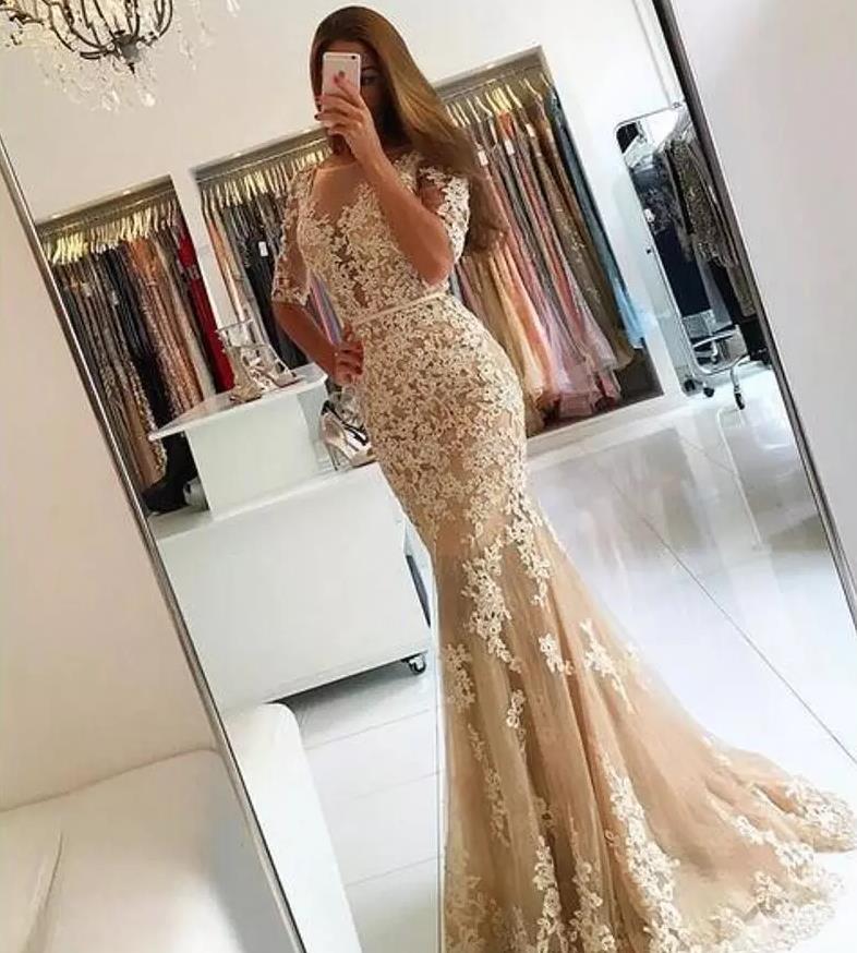 

Champagne Tulle Mermaid Evening Dresses Sexy Backless Long Prom Party Gowns Half Sleeves Ivory Lace Applique Robe Longue Femme Soiree, Gold