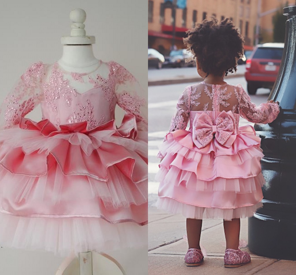 

Jewel Ball Gown Long Sleeves Lace Sequins Ruffles Big Bow Cute Birthday Party Dresses Flower Girl Dress, Hunter