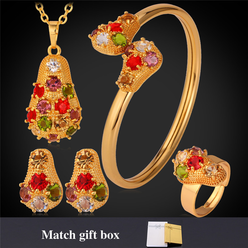 Luxury Multiple Colors Rhinestone Bracelet, Necklace, Earring sets For Women, 18K Gold Plated Jewelry Sets, YN1197-image-168000650