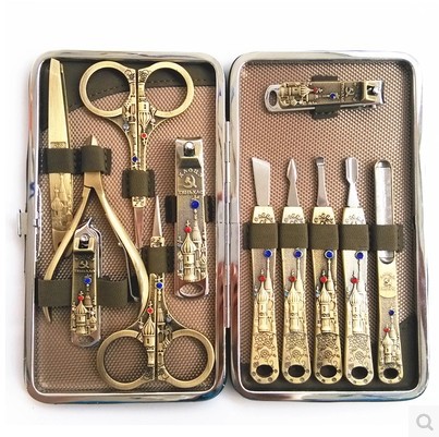 

Wholesale-2015 Pedicure Manicure Russia Castle Pattern Nail Kit With 12 Sets Of High-grade Diamond Bronze Suede Clippers Free Shipping