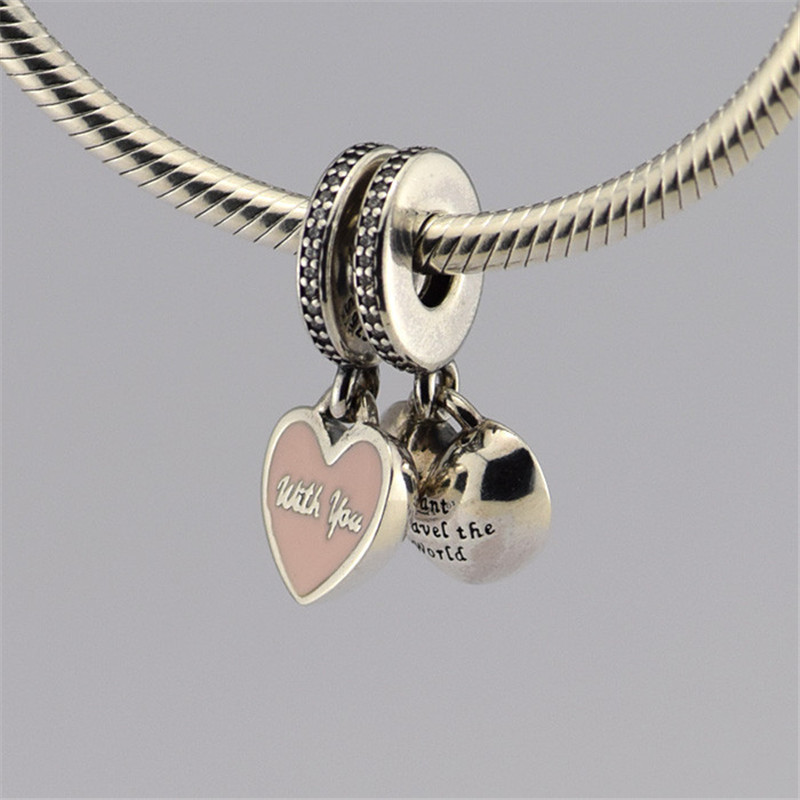 Silver Beads 925-Sterling-Silver Travel With You Charm Bead Pink Enamel Fits Pandora DIY Fine Jewelry Bracelets & Necklaces-image-252000704