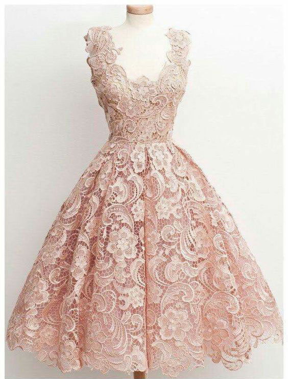 

High Quality Pear Pink Vintage Lace Tea Length Homecoming Dresses Prom Dress Gradution Gowns In Stock, Green