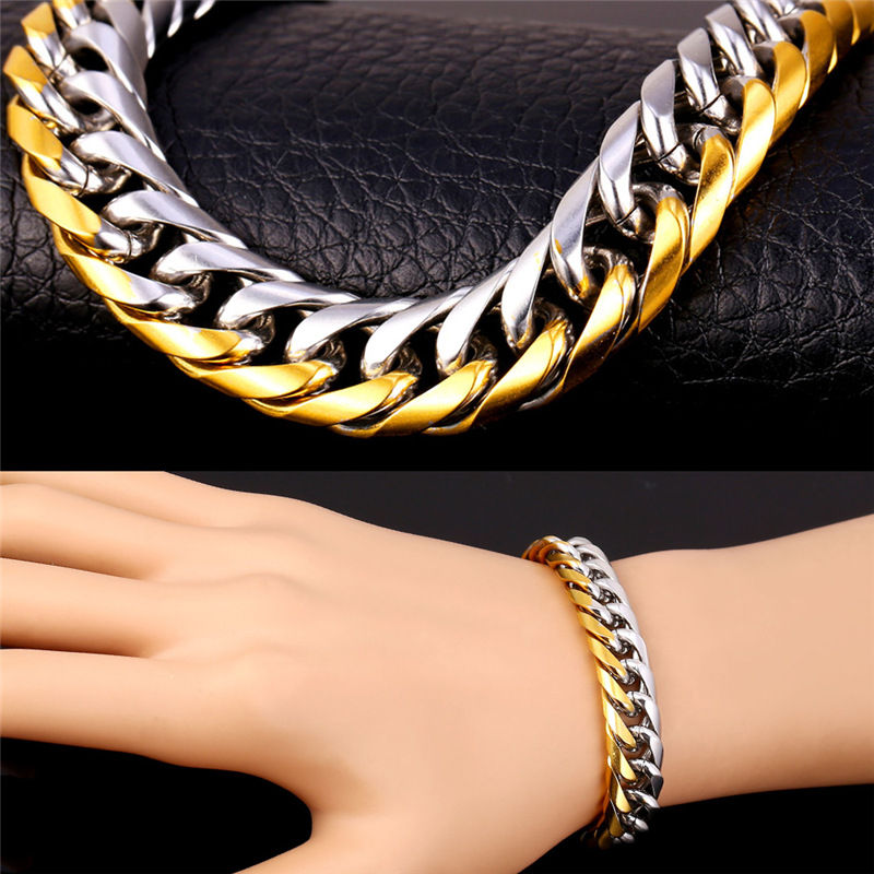 Men's Fancy Two-Tone Bracelet Stainless Steel Men Jewelry 18K Gold Plated Hip Hop Thick Chain YS3202-image-262577959